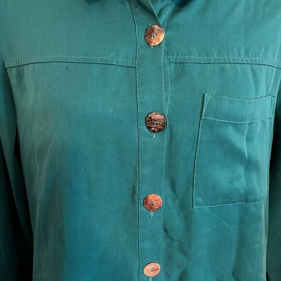Soft Surroundings Blue Green Button Closure Front Pocket Shirt Casual Work Boho - Picture 5 of 11